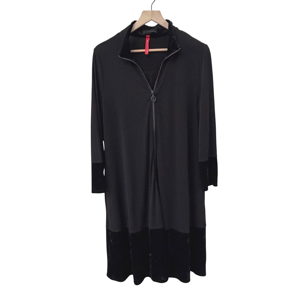 IC CONNie K Dress L Black Velvet Trim Half Zip Long Sleeve Midi Made in USA